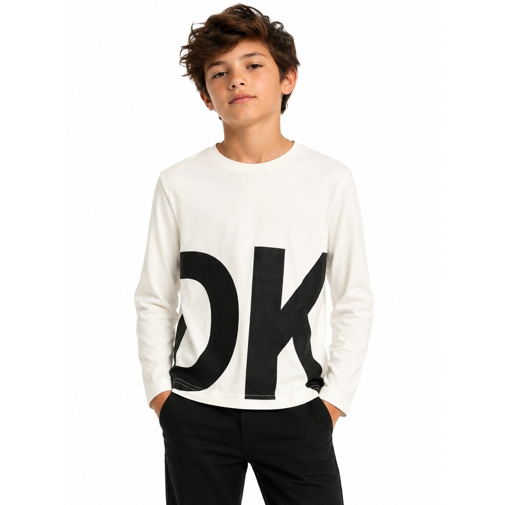 DKNY Kids White Long Sleeve Graphic T-Shirt Logo Print Boys | Size 8